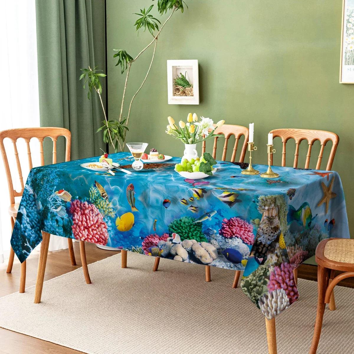 Waterdicht Marine Koraal Kwallen Vis Rechthoekig Polyester Tafelkleed Huisdecoratie Keuken Woonkamer Bruiloft Feest 70x70cm blue