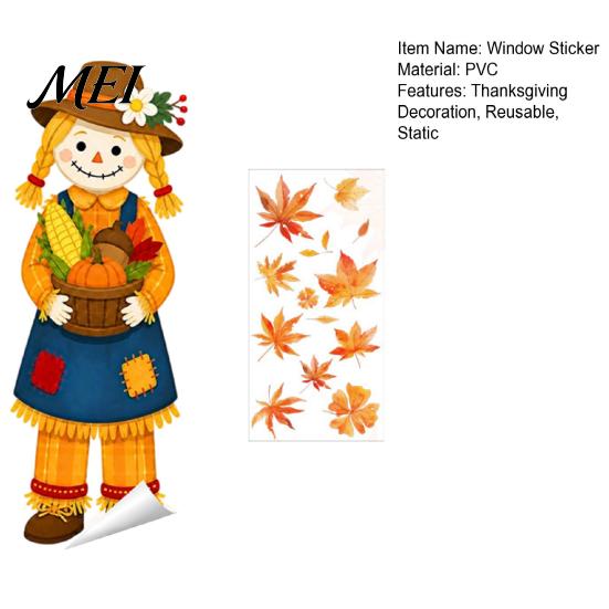 Harvest Festival Glass Stickers Fall Window Clings, Autumn Scarecrow Maple Leaf Stickers, Reusable Double-Sided Static Cling Film PVC Decals