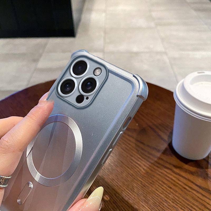 Applicable To IPhone 16 Metal Paint Magnetic Suction Mobile Phone Case Four Corners Anti Fall Apple 15 ProMax Airbag Protective Case 14