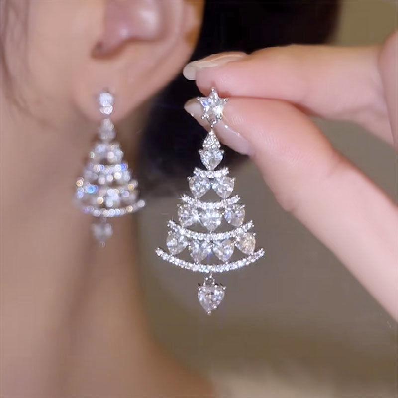 Zircon Christmas Tree Pendant Earrings - Versatile Fashion Studs, Celebrity Style Holiday Jewelry