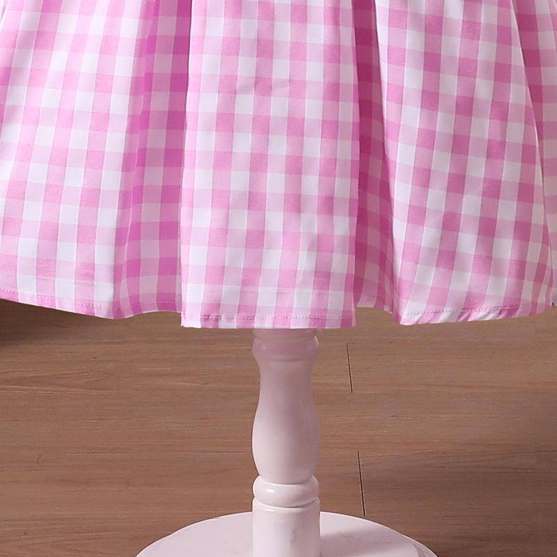 Vestito da bambina senza maniche a quadri rosa con scollo all'americana - Stile europeo e americano