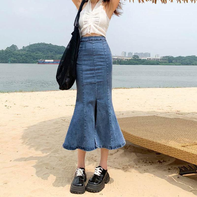 

Женская джинсовая юбка миди с высокой талией и эластичной вставкой, большого размера, с хвостом русалки XL синий