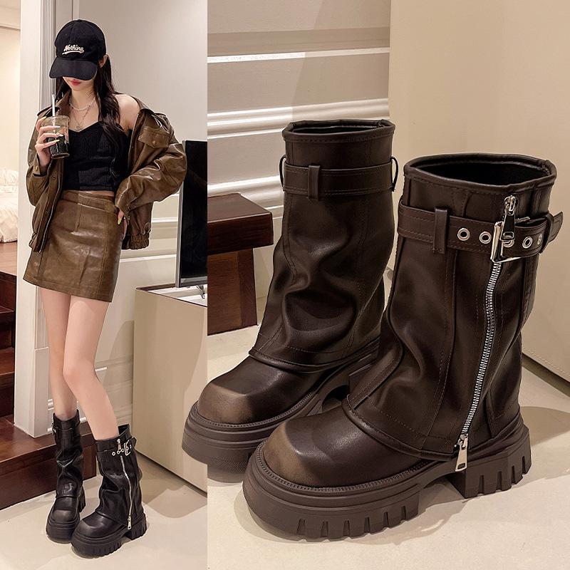Autumn Winter Women Biker Boots Belt Buckle Ladies Elegant Platform Flats Short Booties Casual Women's Knight Booties