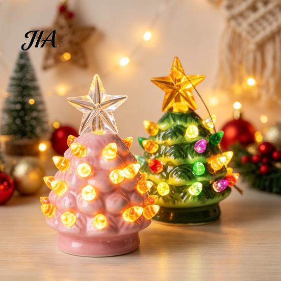 Mini Christmas Tree Decorations Ornament, Glowing Retro Resin Tabletop Decor with Star Charming Home Holiday Displays Topper, Vintage Xmas Trees Night