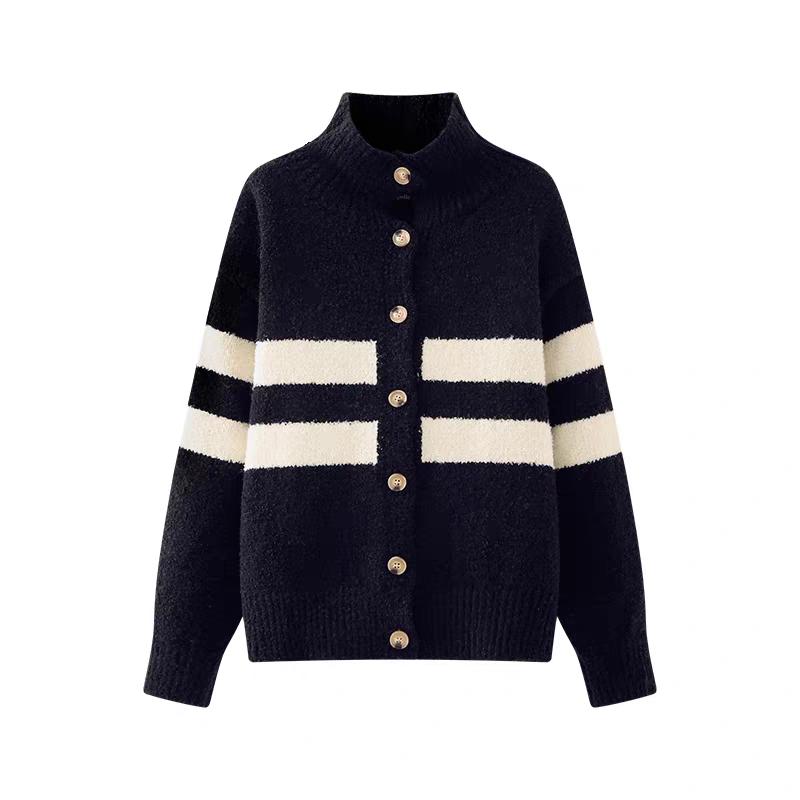 Vintage turtleneck black and white striped knitted cardigan women's autumn winter contrasting colors oversized sweater lazy coat