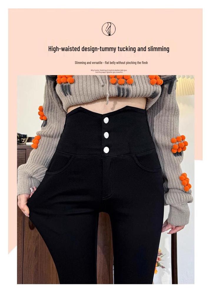 Plus Size Black Fleece-Lined High-Waisted Leggings - Spring/Autumn, Slimming, Stretchy, Skinny Pants.