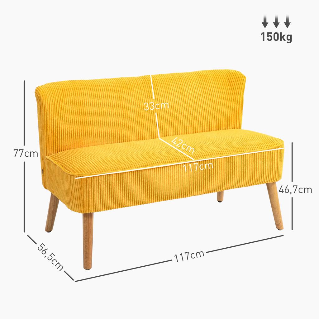 Two-Seater Sofa, Elegant Scandi Design, Solid Wood Frame, Up to 150 kg, 117 x 56.5 x 77 cm, Yellow