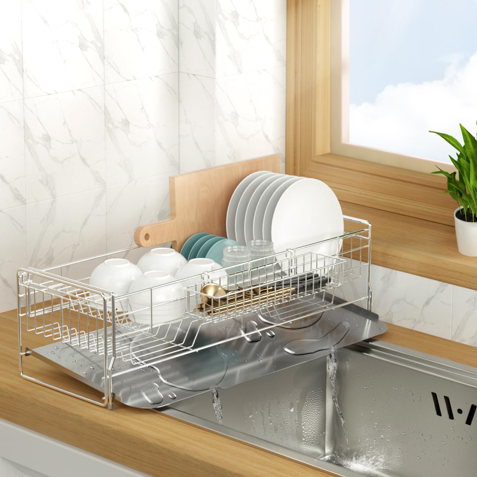 

[NEXTe PLUS] Сушилка для посуды, Сушилка для посуды, Расширяемая сушилка для посуды, Нержавеющая сталь, Устойчивая к ржавчине, Сушилка для посуды, Сушилка для белья, Автоматический слив,