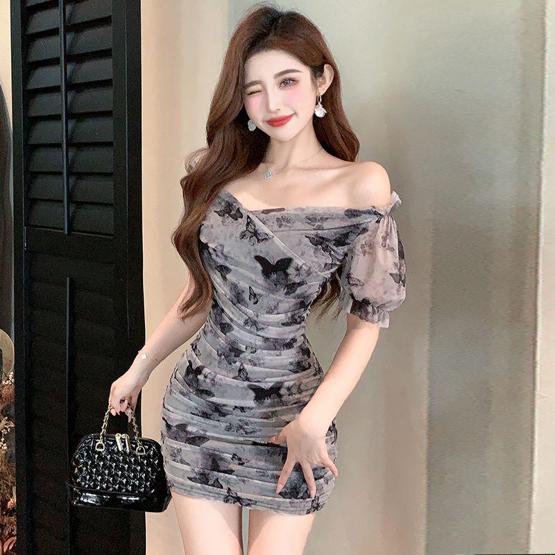

One-Shoulder V-Neck Puff Sleeve Mesh Pleated Hip-Hugging Dress Medium серый