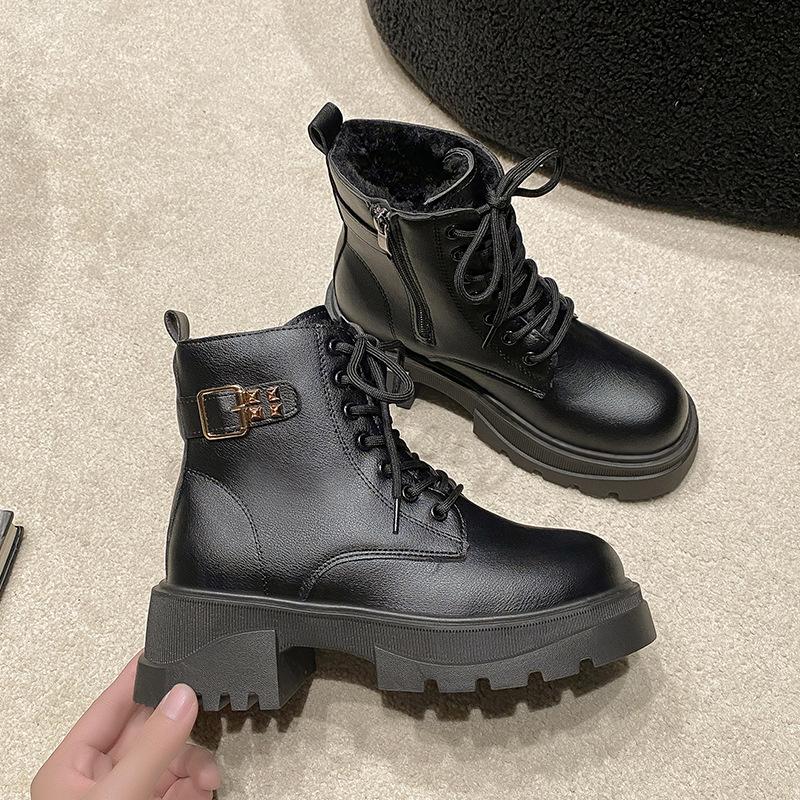 Mote Søte Ankel Dame Støvletter Vinter Snøring Glidelås Sko for Kvinner Hestesko Høye Hæler Varm Plysj Metallspenne Lær Moderne Støvletter Zapatos