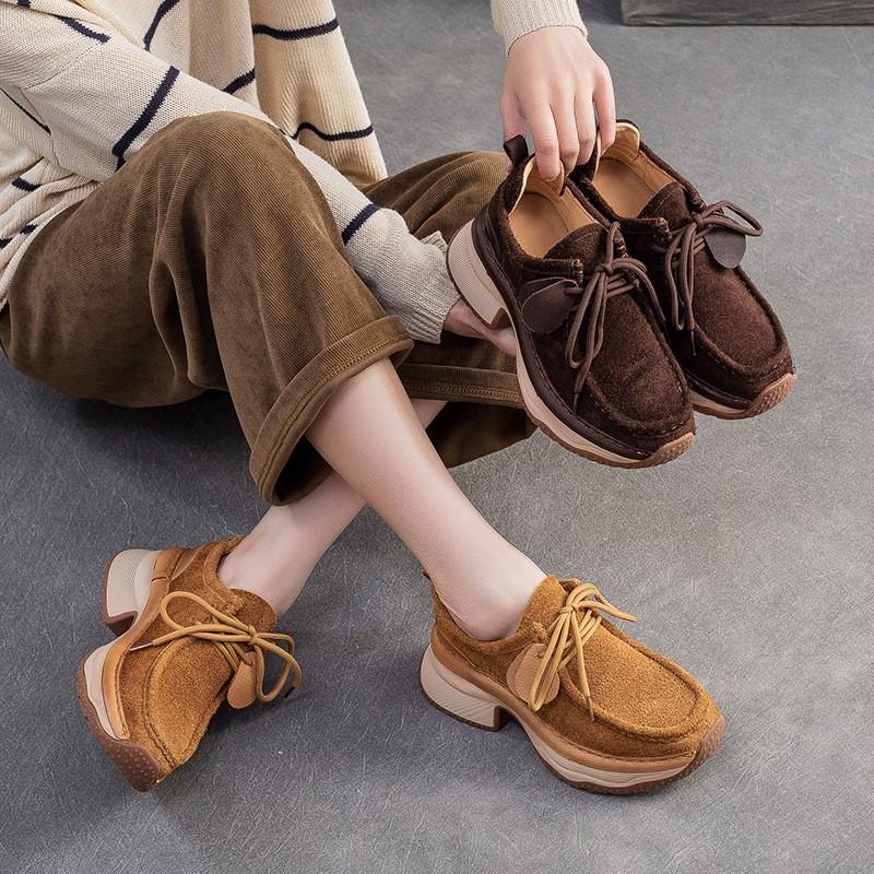 Fashion GKTINOO 2025 Autumn/Winter New Cow Suede Thick Soled Comfortable Thick Heel Shoes Versatile Lace Up Lightweight Women's Shoes