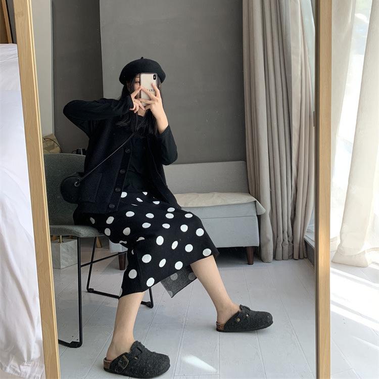 

Юбка-карандаш Женская Модная Вязаная Миди-юбка в горошек с высокой талией Облегающая Утепленная юбка с разрезом S