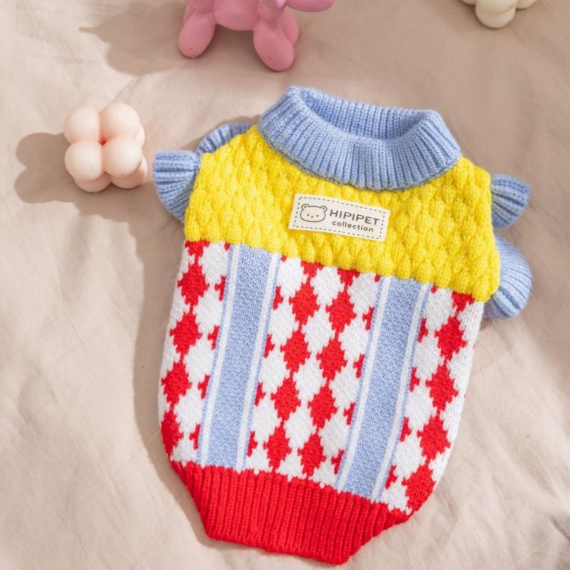 Knitted Dog Sweater With Pineapple Colorblock Grid Design Small Breeds