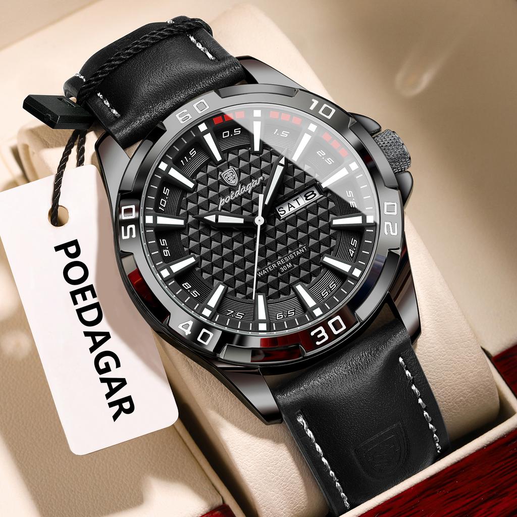 POEDAGAR Original Man Wristwatch Top Luxury Waterproof Luminous Date Week Watch for Men Quartz Sport Leather Watches Reloj
