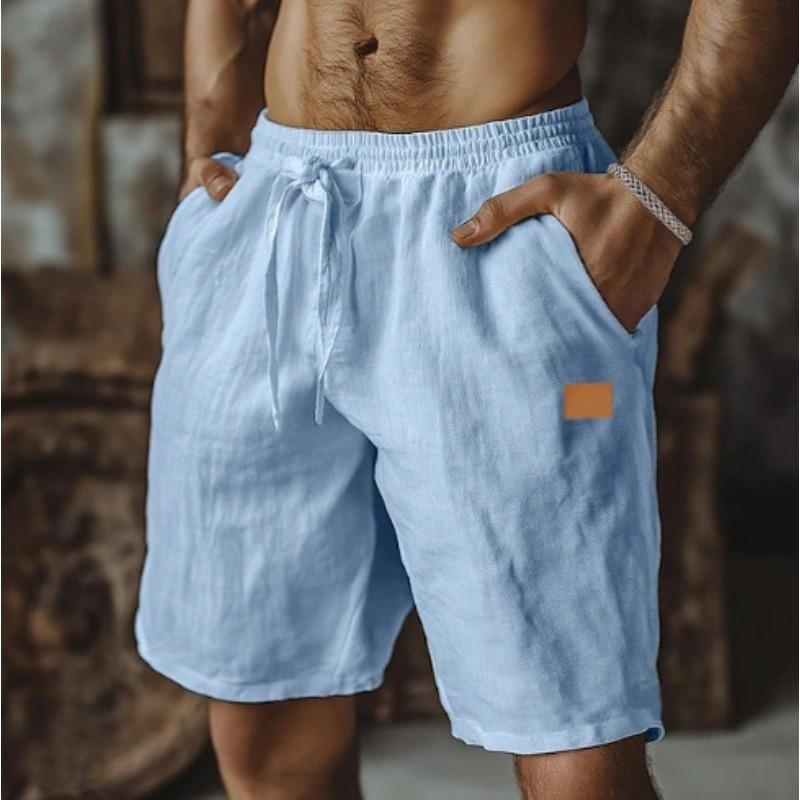 Cotton Linen Shorts with Drawstring Elastic Waistband Straight Legs Solid Color Breathable Daily Beach Five Point Casual Shorts