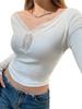 Women Lace Patchwork Long Sleeve Crop Tops V-Neck Slim Fit Fairy Grunge Aesthetic Tee Shirt Streetwear