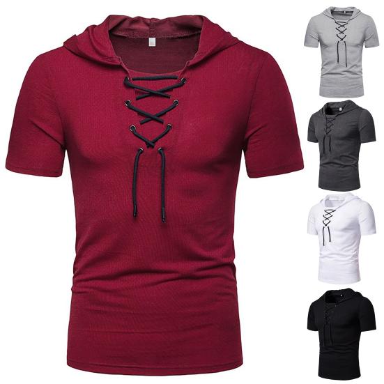 Men T-shirt Pure Color Lace-up Breathable Casual Summer Top for Daily Wear