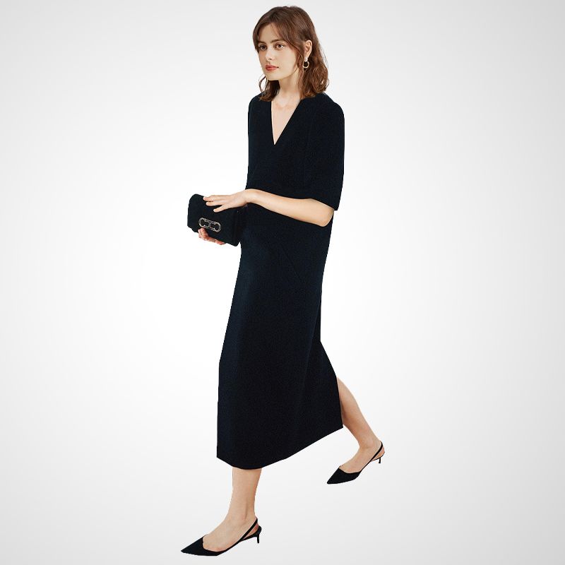 

Hepburn Style Black Dress 2025 Fall and Winter New Arrival Women s Clothing Mid Length Long Length V Neck Fashion Slim Looking Elegant Black Dress Black L