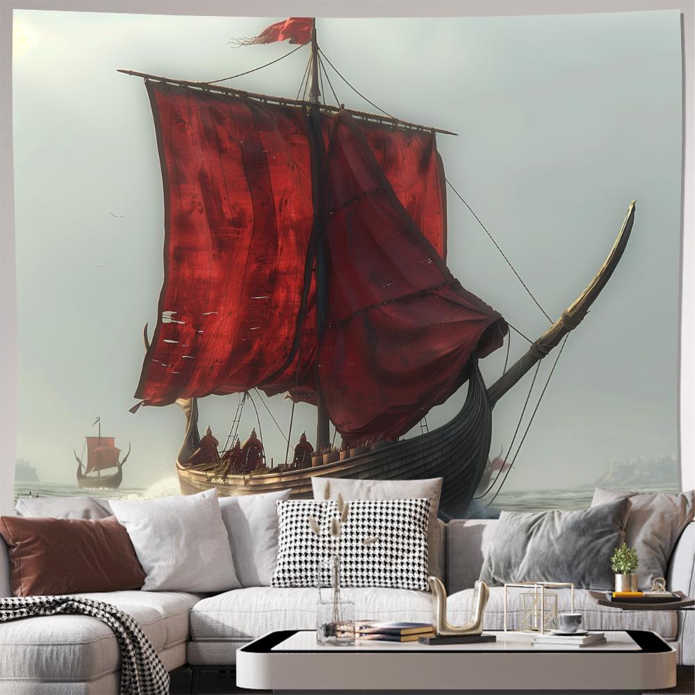 Giant Nautical Tapestry Sailing Ship Red Sails Ocean Pirate Wall Hanging Decor Mural Art Print 150x300cm Home Decoration