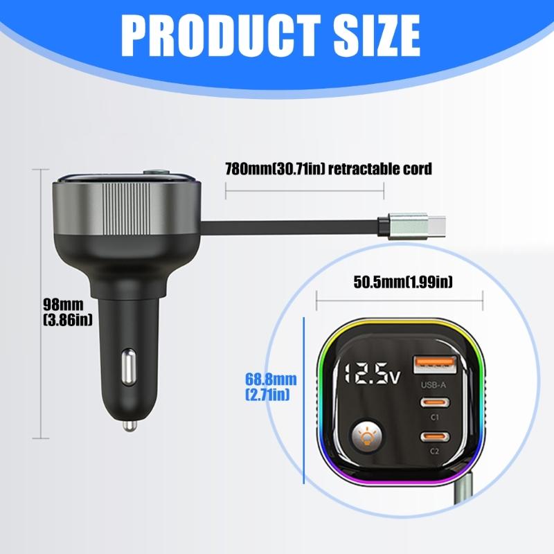 High Power Car Charger PD65W Retractable USB C Cable with 18W USB A /Type C Port Voltages Display Intelligent Protections