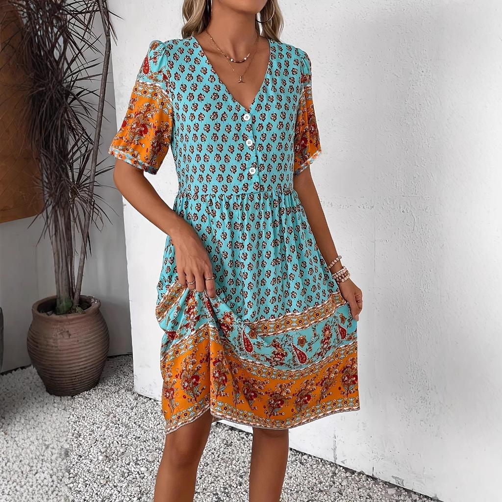 Women's V Neck Short Sleeve Midi Dress Loose Waist Paisley Patchwork Floral Print Boho Casual Dress