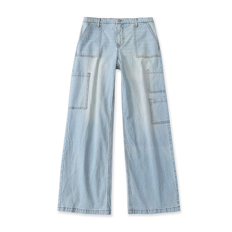 Foreign Trade European and American Single Women clothes Straight Pants Jeans 2025 Autumn New Half Elastic Waist Loose Wide Leg Pants