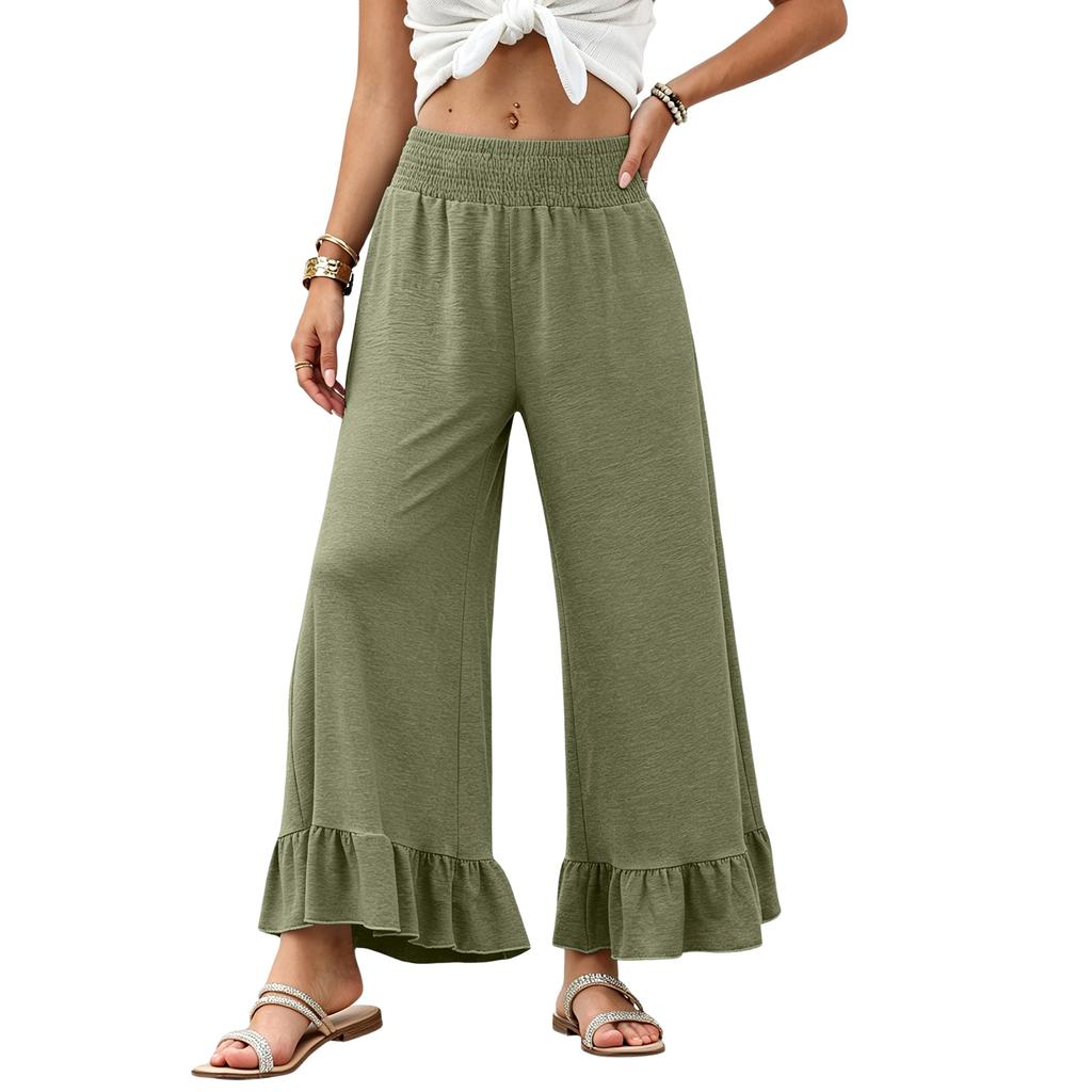 Women Wide Leg Pants Drawstring Waist Elastic High Waist Ruffle Hem Casual Loose Fit Trousers with Pockets Lightweight Soft Fabric
