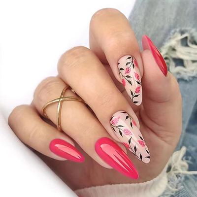 Rose Red Flower Almond Nail Round Head Solid Color European and American Ins Style Special Fashion Nail Piece