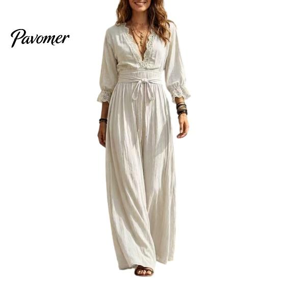 Bohemian Fall Dress Women V-Neck Lace for Fall, 3/4 Sleeves Maxi with Long Sleeve Belt, Solid Color Loose Casual Vacation Daily Wear