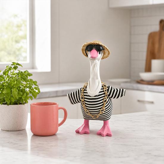 Porch Goose Costumes for 7 Inch Goose Statue, Striped Sweater Straw Hat Sunglasses Chain Set, Easy To Wear Soft Fabric Outdoor Decor Accessories