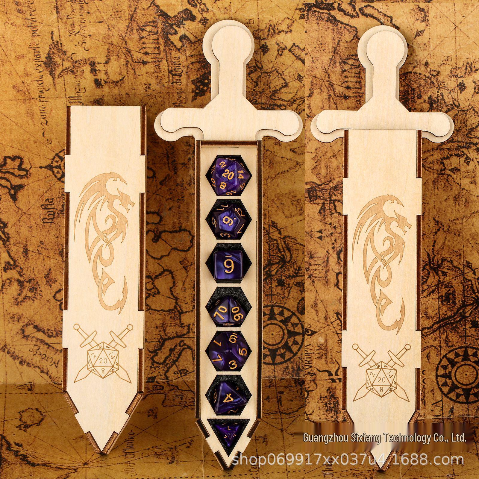 Sword-Shaped Dragon Dice Storage Box & Purple Dice for Tabletop Games