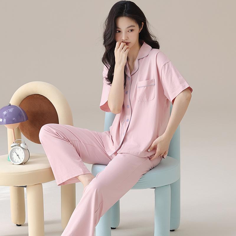 Lycra cotton couple pajamas summer pure cotton short-sleeved trousers loose and cool can be worn outside men's loungewear suit