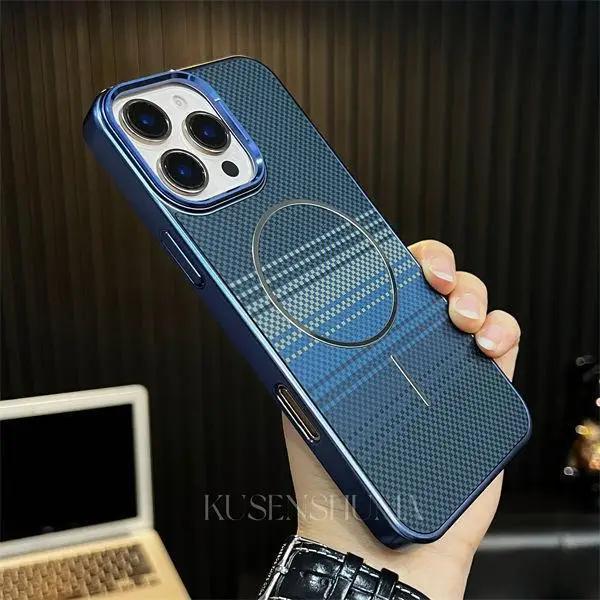 

Phone Case for IPhone 16 15 14 13 Pro Max Carbon Fiber Kevlar Textured Protective for Magnetic Magsafe Wireless Charging Cover iPhone 14 синій