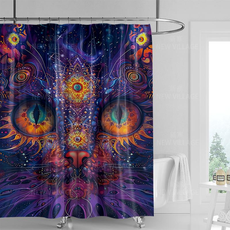 Mystischer Böhmischer Katze Duschvorhang - Blaue Katze mit Grünen Augen, Sonnen & Symbole, Fügt Einzigartige Magische Note hinzu, Hochwertiger Stoff
