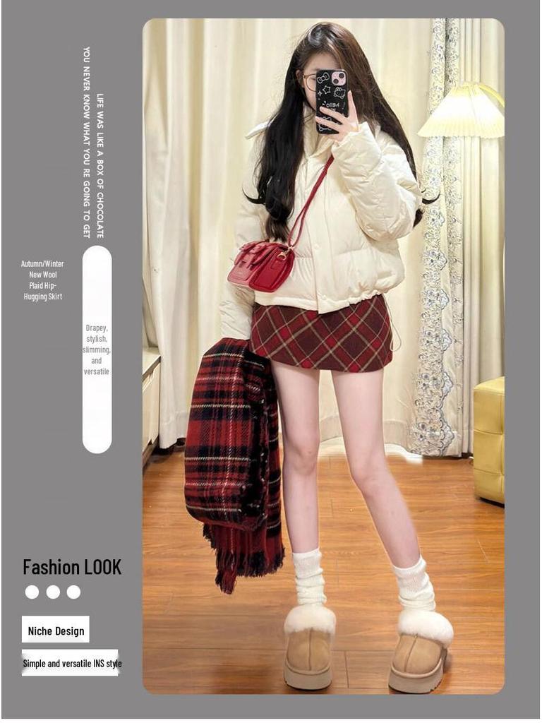 Red Plaid Women's High-Waist A-Line Skirt, Stylish Petite Woolen Skirt for Spring/Autumn 2026.