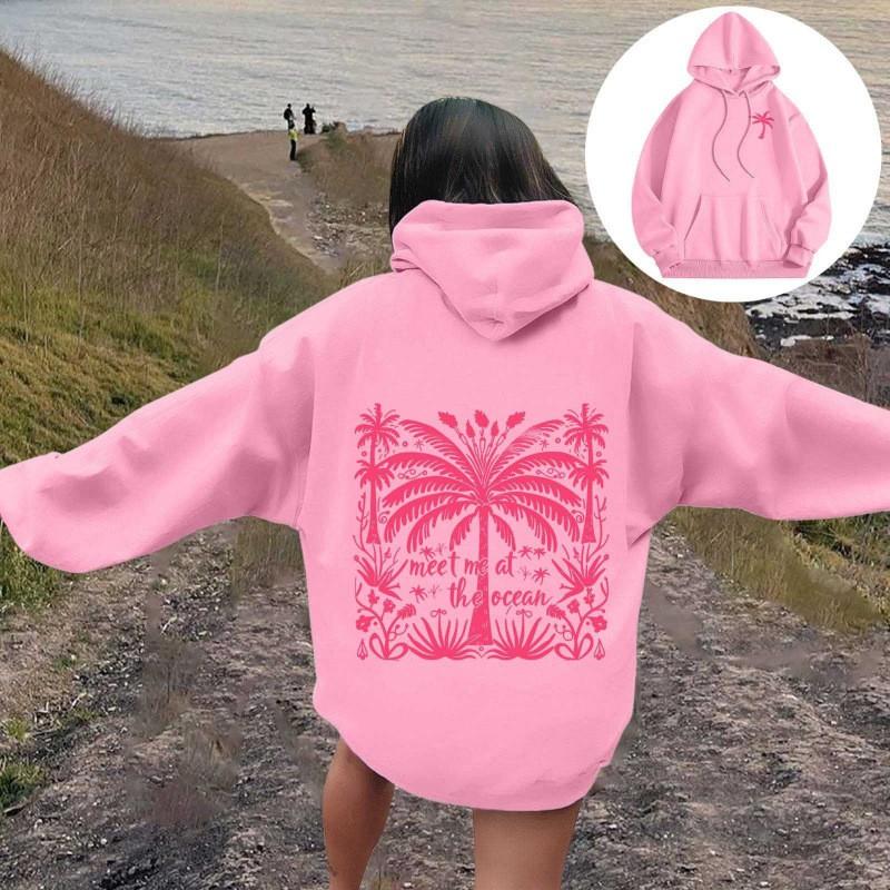 Womens Oversized Hooded Sweatshirt With Palm Tree Print Drop Shoulder Long Sleeve Fleece-Lined Casual Streetwear
