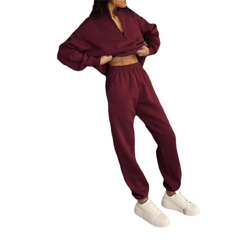 Autumn Winter European And American Half Zipper Stand Up Hoodie Set Solid Color Loose Casual Two Piece Set