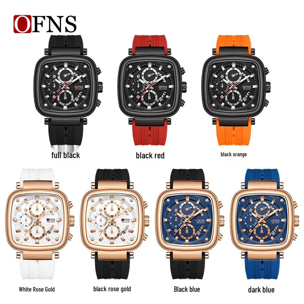 OFNS Men's Square Quartz Chronograph Watch: Luminous, Waterproof, Six-Hand Design, with Calendar for Casual or Commuter Wear.