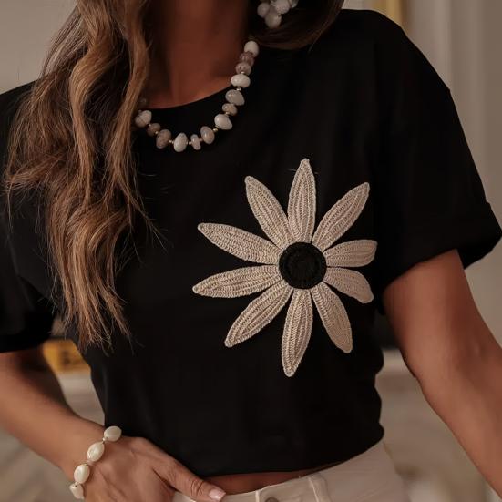T-shirt Femme Col Rond Manches Courtes Coupe Ample T-shirt Motif Fleur Brodé Style Décontracté Hauts d'Été