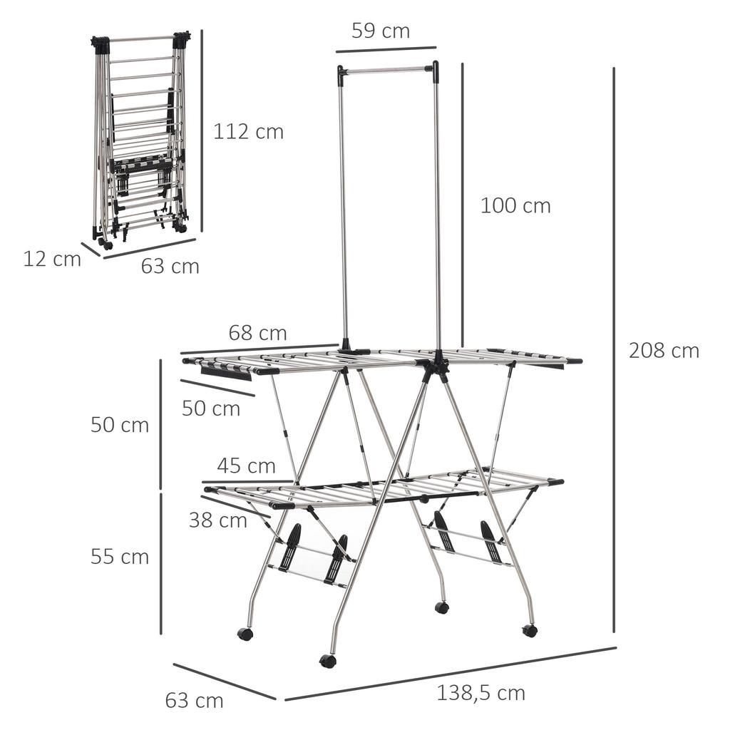 Clothes Airer Foldable Drying Rack with Wheels Large Drying Space Stainless Steel 138.5 x 63 x 208 cm