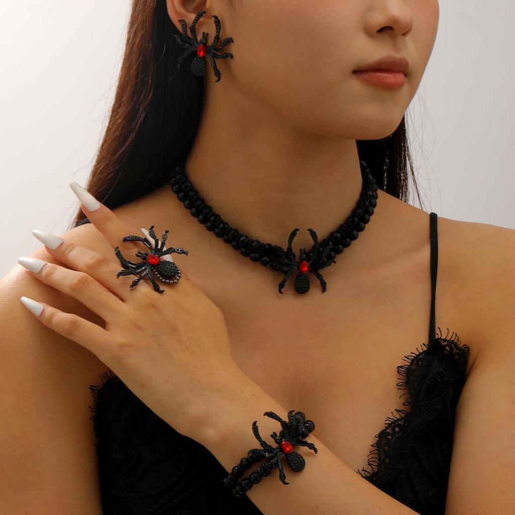 Gothic Punk Rhinestone Spider Jewelry Set for Halloween (Necklace, Bracelet, Ring) Unisex