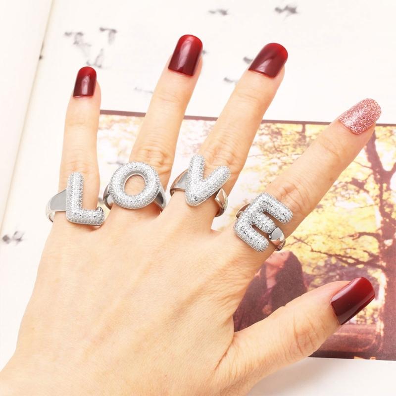 Letter Design Ring with Clear Stone Detail, Copper Base Fashion Jewelry for Daily Outfits, Party Styling and Gifts