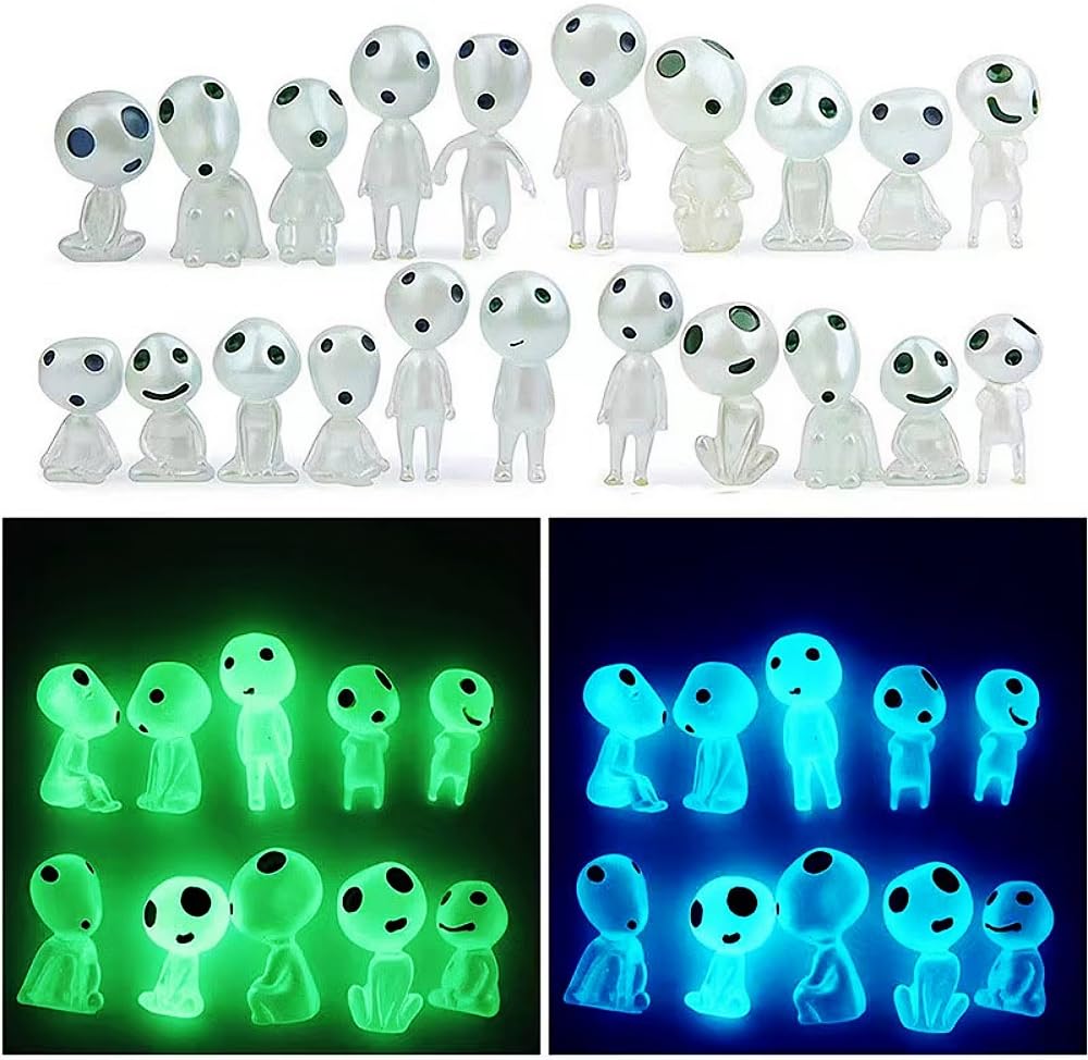 20-Piece Set of Resin Decorative Wooden Elf Figurines [10 Blue, 10 Green] + 2 Decorative Branches, Glow-in-the-Dark Bonsai DIY Decoration Dollhouse