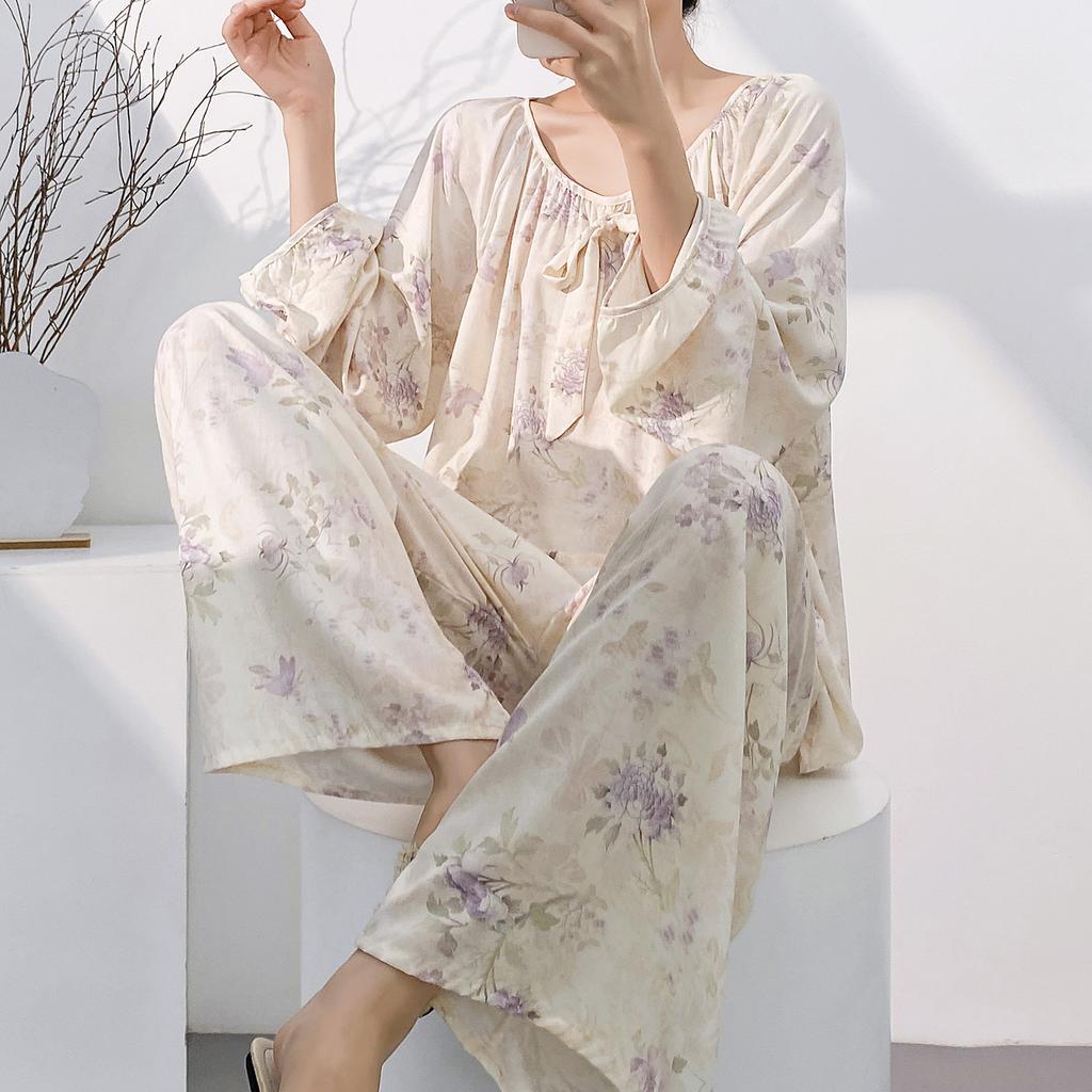 Cotton and silk family 1011 new cotton silk pajamas women's spring and autumn loungewear suit women can wear casual long-sleeved trousers