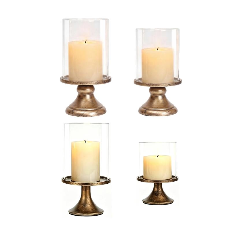Conjunto de Castiçais à Prova de Vento para Mesa com Cúpula de Vidro Transparente e Bases em Tom Bronze para Centro de Mesa de Casamento, Decoração de Entrada para Casa