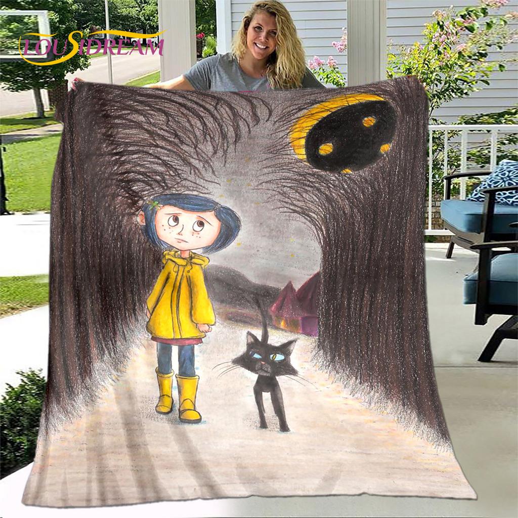3D kreslená přikrývka Coraline, flanelová přikrývka, dětská teplá přikrývka pro domácí obývací pokoj ložnice postele pohovka kancelář