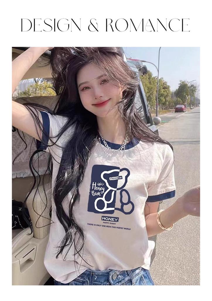 2025 New Loose Slimming Contrasting Short-Sleeved T-Shirt for Women's Summer Versatile and Beautiful Printed Top