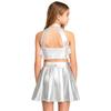 Kids Girls Stage Performance Set: Shiny Sequin Tiered Backless Crop Top & Metallic Ruffled Skirt for Dance Shows