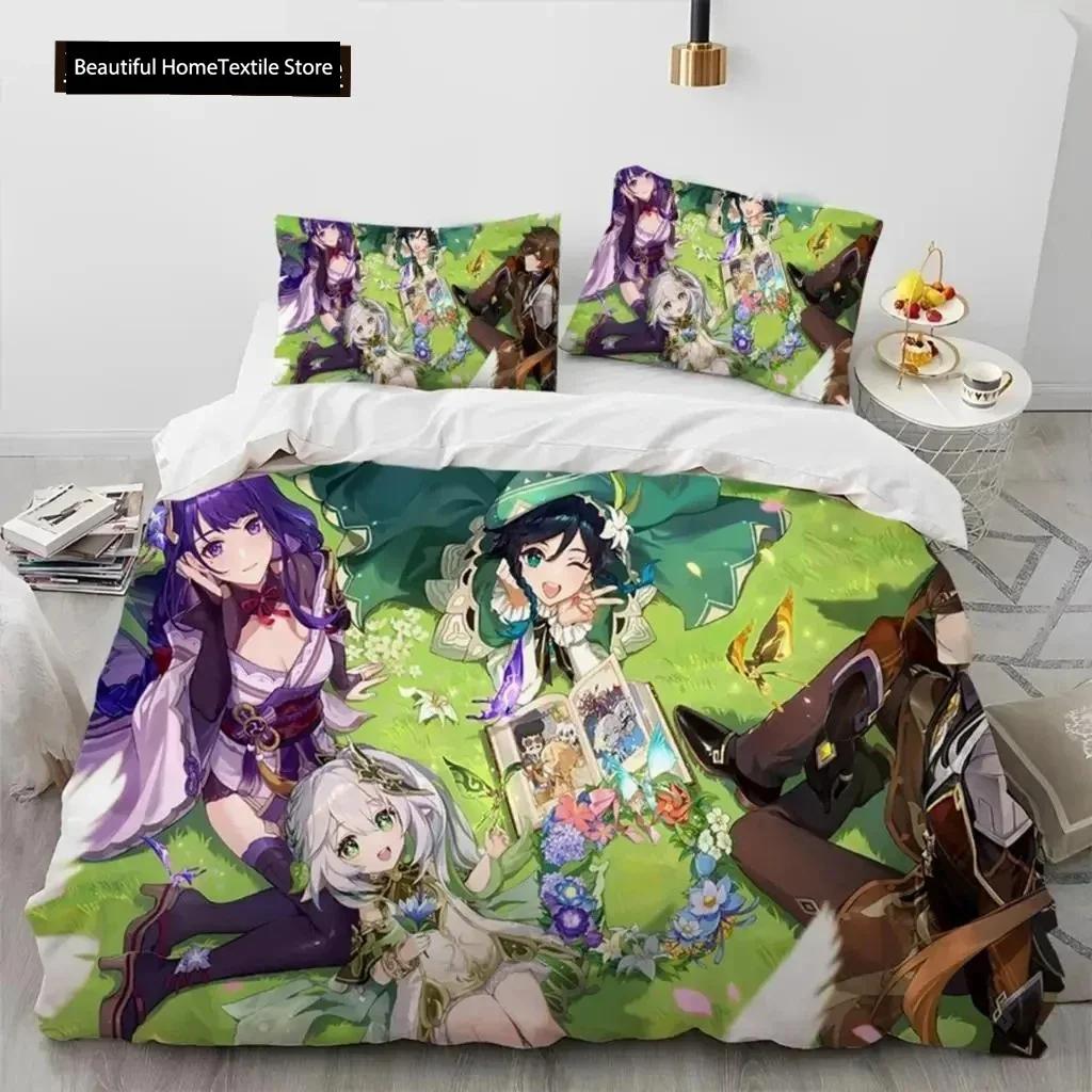 Anime Genshin Impact Hra Ložní souprava Chlapci Dívky Velikost Twin Queen Povlak na přikrývku Povlak na polštář Postel Děti Dospělí Domácí textil