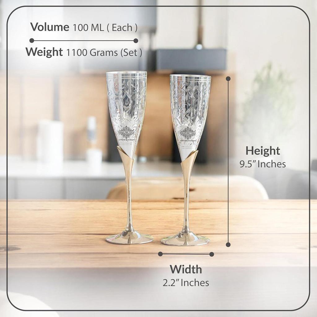 Silver Goblet Flute Wine Glass with Blue Box, Best for Parties, Diwali Gift Item, 100 ML Each, Set of 2